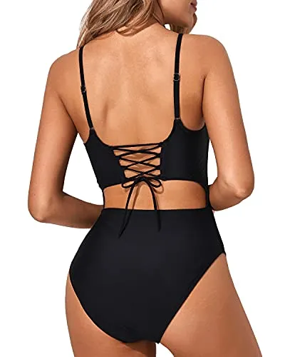 Cutout One Piece Swimsuit Lace Up High Cut Cutout Bathing Suits-Black