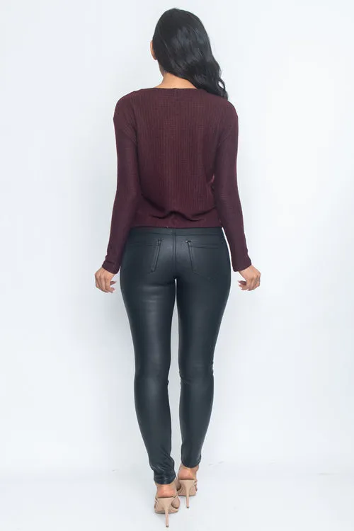 Pretty Cropped Button Up Sweater in Wine in Size S, M, L, or XL